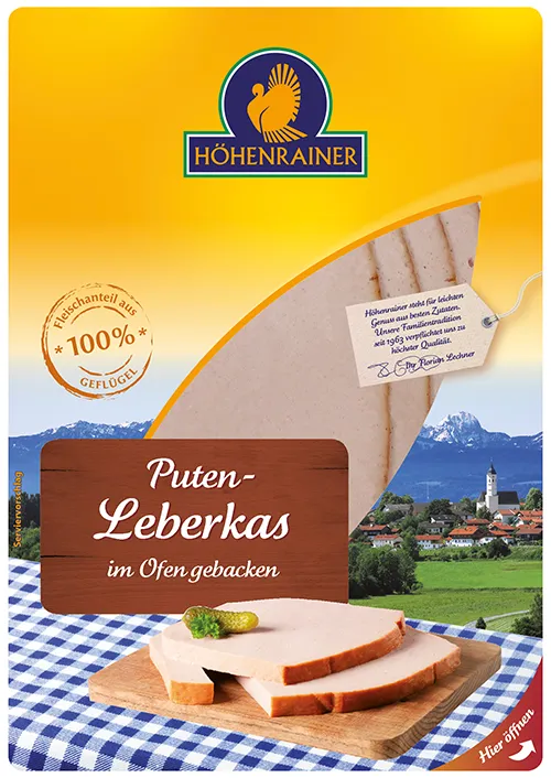 Puten-Leberkäse fein aufgeschnitten, 80 g Höhenrainer Puten-Leberkäse.