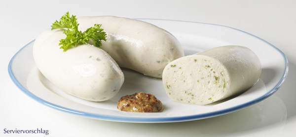 Puten-Weißwurst serviert.