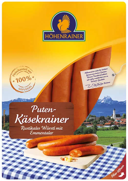 Puten-Käsekrainer mit Emmentaler, 4 Stück 4 Höhenrainer Puten-Käsekrainer mit Emmentaler.